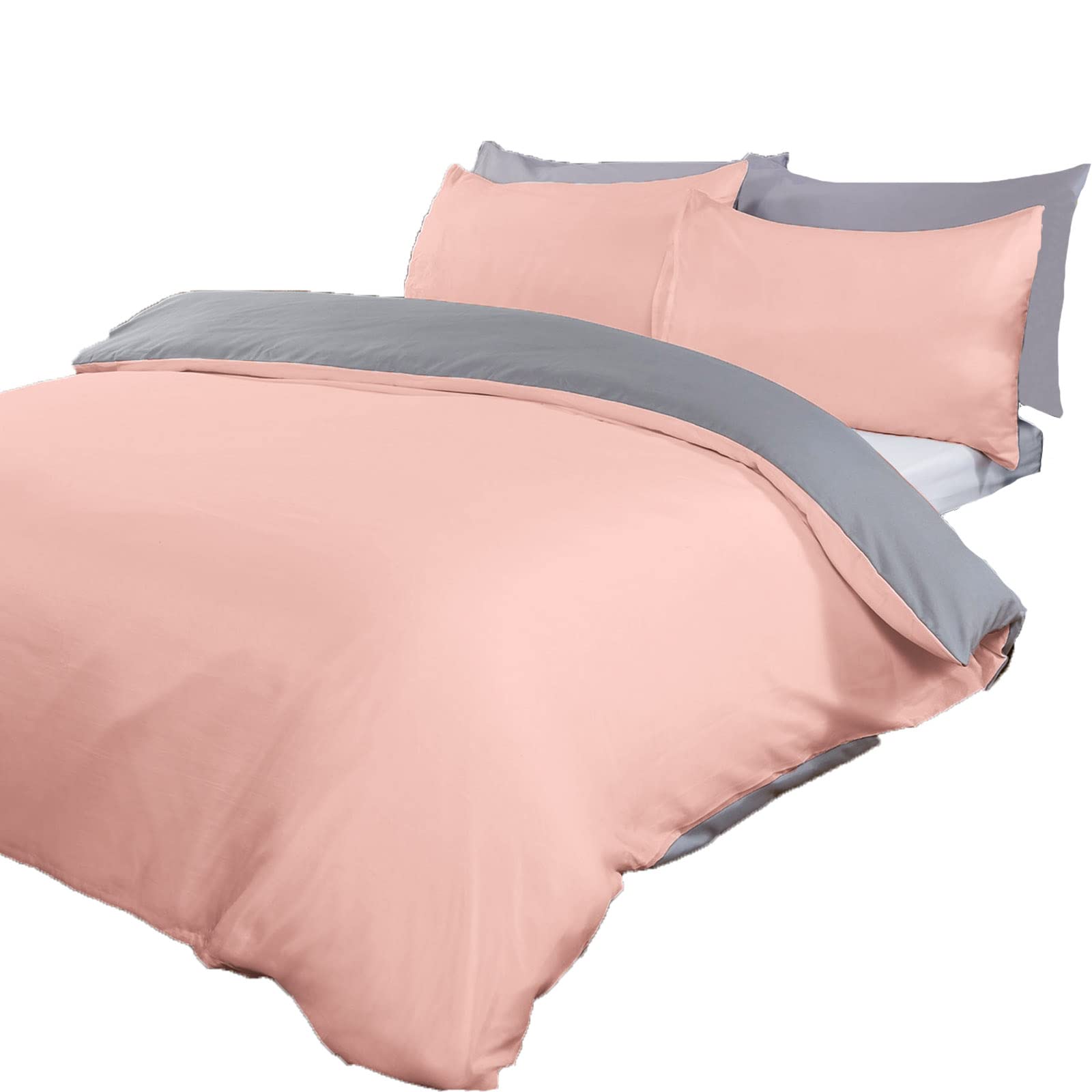 Brentfords Double Duvet Set, Super Soft Cosy Warm Luxurious Plain Dye Modern Comfy Reversible Double Bedding Set with 2 Matching Pillowcase - Blush Pink/Grey