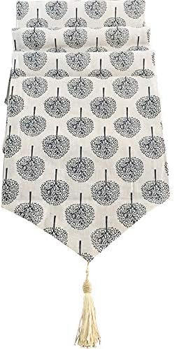 Table Runner - 13" x 72" Cotton Linen Table Runner Grey Tree Pattern with Tassel for Dining Table Decoration