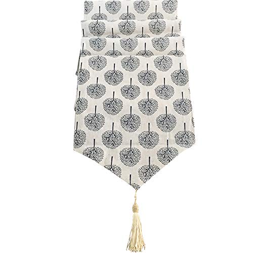Table Runner - 13" x 72" Cotton Linen Table Runner Grey Tree Pattern with Tassel for Dining Table Decoration