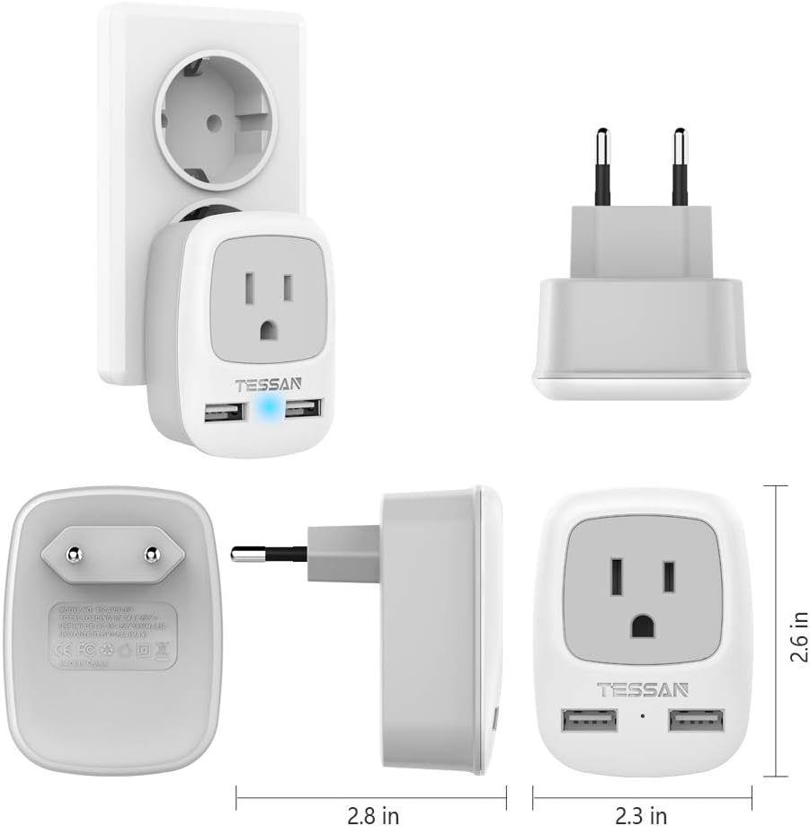 European Travel Plug Adapter, TESSAN International Power Plug with 2 USB, Outlet Adaptor Charger for US to Most of Europe EU Spain Iceland Italy France Germany(Type C): Home Improvement