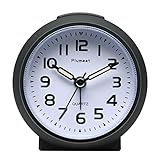 Plumeet Non Ticking Travel Alarm Clock with Snooze and Nightlight, Cute Colour for Kids, Ascending Sound Alarm, Easy to Set, Handheld Sized, Battery Powered (Black)