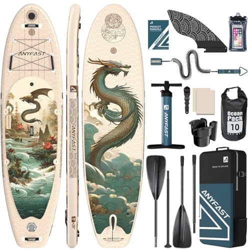 ANYFAST Inflatable Stand Up Paddle Board for Fishing - Wide Ultra Stable with Pump, Camera Mount, Kids Handle, Leash, Backpack and Accessories for Teenagers/Adults