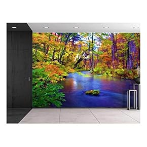 Painting of a Forest During Fall Time Surrounding a Lake - Wall Mural, Removable Sticker, Home Decor - 66x96 inches