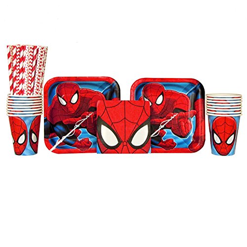 Spiderman Party Supplies Pack for 16 Guests: Straws, Plates,