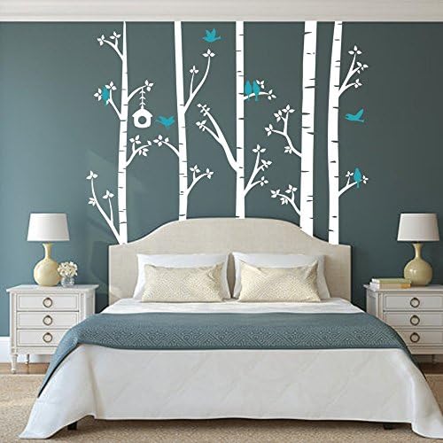Birch Tree Wall Decals Sticker Set with Birds Decal Nursery Wall Decal Forest Vinyl Wall Sticker(5 feet, white + teal)