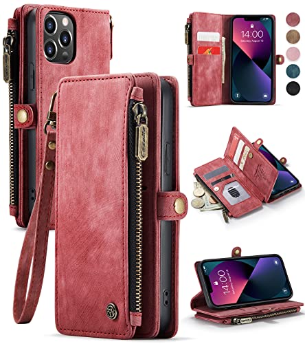 Defencase Compatible with iPhone 13 Pro Case Wallet with Card Holder for Women Men, PU Leather Magnetic Snap Flip Zipper Strap Phone Case Fit for iPhone 13 Pro 6.1", Fashion Red