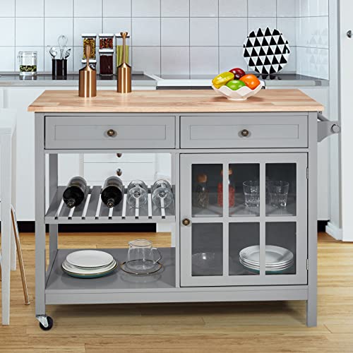 HOMHUM Rolling Kitchen Island Cart with Storage, 42 Inch Wood Tabletop