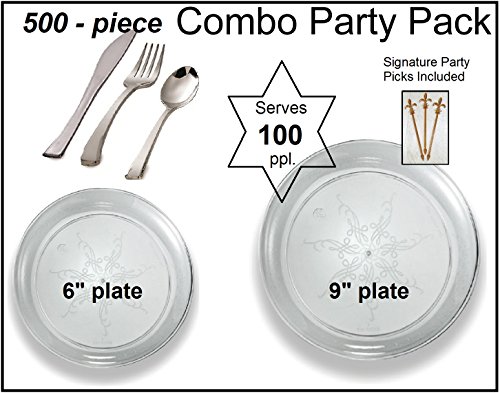 500-piece Combo Party Pack, Premium Plastic Clear Scrollware Plates and Silver Cutlery w/ Signature Party Picks - SERVES 100