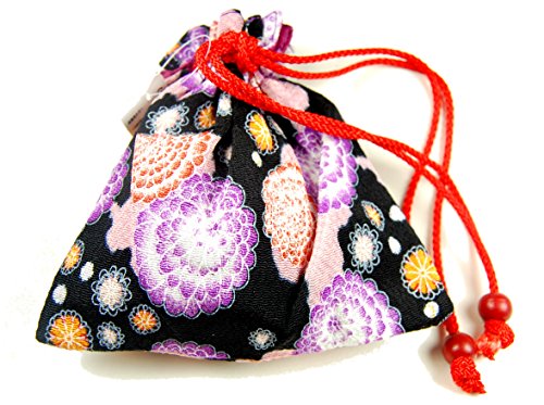 Black Purple, Soft Chirimen Japanese Kimono Fabric Drawstring Bag – 140mm Flat