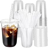 MOQRUAO 50 Sets Clear Plastic Cups with Lids and Straws, 16 oz Disposable PET Cups for Iced Coffee, Smoothies, Cold Drinks, Juice, Party, Coffee (50, Clear (16 oz))