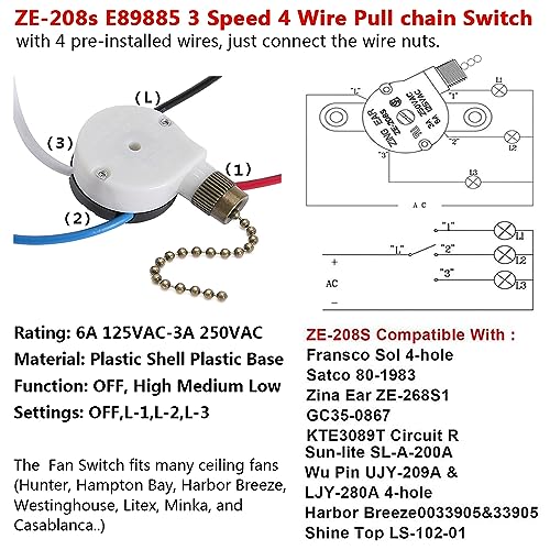 Ceiling Fan Switch Zing Ear ZE208s E89885 3 Speed 4 Wire Pull Chain