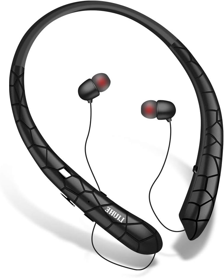 Bluetooth Headphones Wireless Retractable Headset Neckband Stereo Earbuds in Ear Sweatproof Noise Cancelling Earphones with Mic (Black)