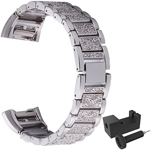 Fitbit Charge 2 Metal Adjustable Replacement Silver Rhinestone Bracelet Strap Bands