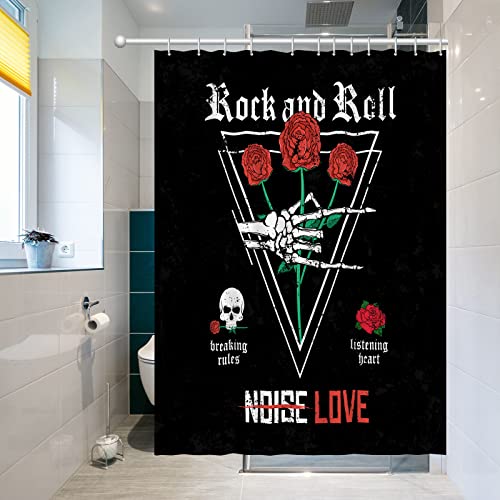 Mokonate Rock and Roll Skull Love Music Shower Curtain Funny Gothic Skull and Rose Black Backdrop Bathroom Decor Set Waterproof Fabric Polyester Bath Accessories with 12 Hooks 72\'\'×72\'\'