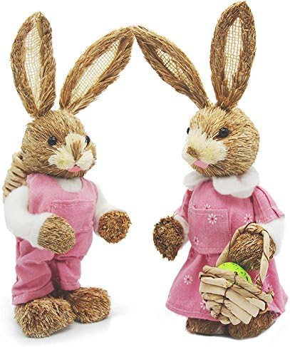 Soobuy Easter Bunny Decorations, 13" Natural Sisal Rabbits with Easter Basket, Egg and Carrot for Easter Egg Hunt, Easter Celebration Gift, 2 Pack (Pink)