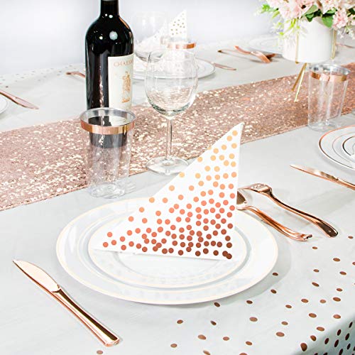 ENUOSUMA Rose Gold Dinnerware Set for 25 Guests [202pcs] Rose Gold Plastic Plates for Party | Disposable Wedding Gold Rim Tableware: Dinner and Dessert Plates, Napkins, Cutlery, Cups, Table Runner - Thumbnail 3