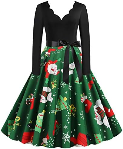 Holywin Women Vintage Long Sleeve Christmas 1950s Housewife Evening Party Cocktail Prom Dress (I Green,3XL-UK18)