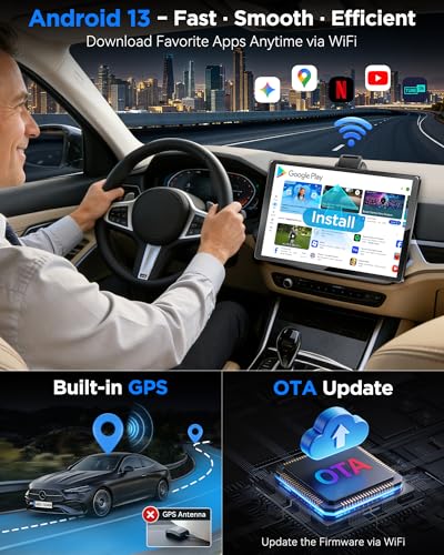 URVOLAX 10.1 Inch Rotating Apple CarPlay: Android 13 Wireless Android Car Display with Google Play - Magnetic Holder Car Play Retrofit Screen - Integrated GPS Navigation, OTA Updates, Dual WiFi