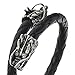 Elastic Adjustable Men's Black Braided Leather Wrap Bracelet Wristband with Steel Dragons