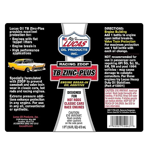 Lucas Oil 10063 Engine Break In Oil Additive w/ TB Zinc Plus 16 Ounce