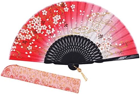 Meifan Chinese /Japanses Classical Handmade Vintage Folding Bamboo Silk Flower Pattern Hand Fan (Red)