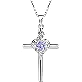 FJ Cross Necklace 925 Sterling Silver Rose Flower Pendant Religious Necklace Birthstone Jewelry for Women