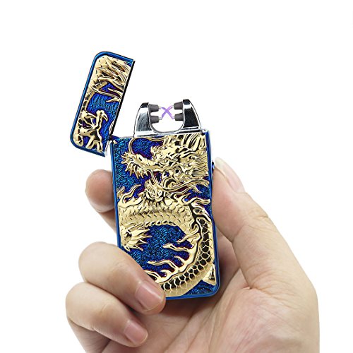 Pard Relief Dragon Windproof Cross Arc Lighter, USB Rechargeable Flameless Electronic Pulse Arc Cigarette Lighter, Blue
