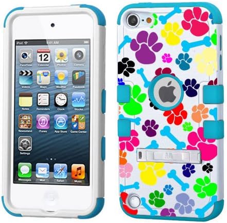 PHONETATOOS iPod Touch 5th 6th Generation Case - Hard Shell Case Compatible with Apple - Shockproof Hybrid 5/6 Cover with Stand for Boys and Girls (Animal Footprints with Bones Blue)