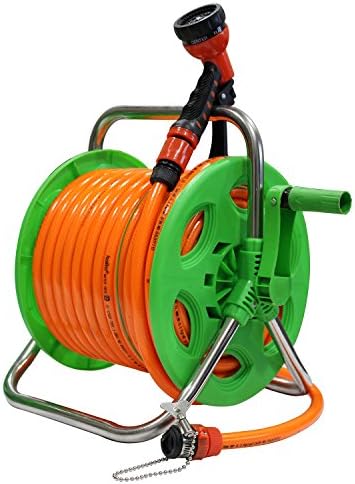 AquaHose Folding Handle Garden Water Hose Pipe Reel Revolving Type Connector with Tap Adapter, Butterfly Clamp and Bead Chain to Tighten with ISI Marked (30 m/100 ft)