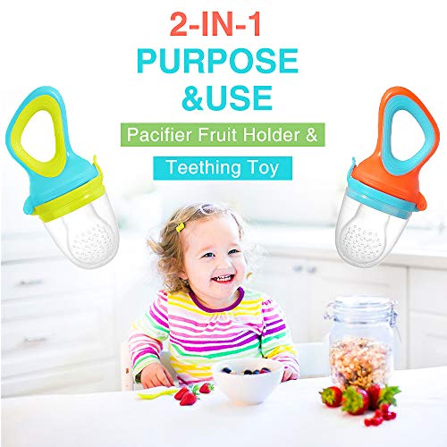 Baby Fruit Feeder Pacifier (2 Pack) Fresh Food Feeder with 3 Sizes Silicone Pouches Infant Fruit Teething Toy Includes 2 Pack Pacifier Clips and 4 Pack Baby Feeding Spoons