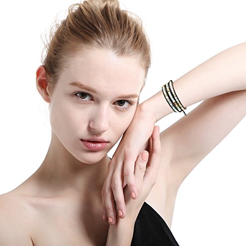 MOWOM Multicolor Alloy Genuine Leather Bracelet Bangle Cuff Rope Simulated Amazonite Stone Bead 3 Wrap Adjustable