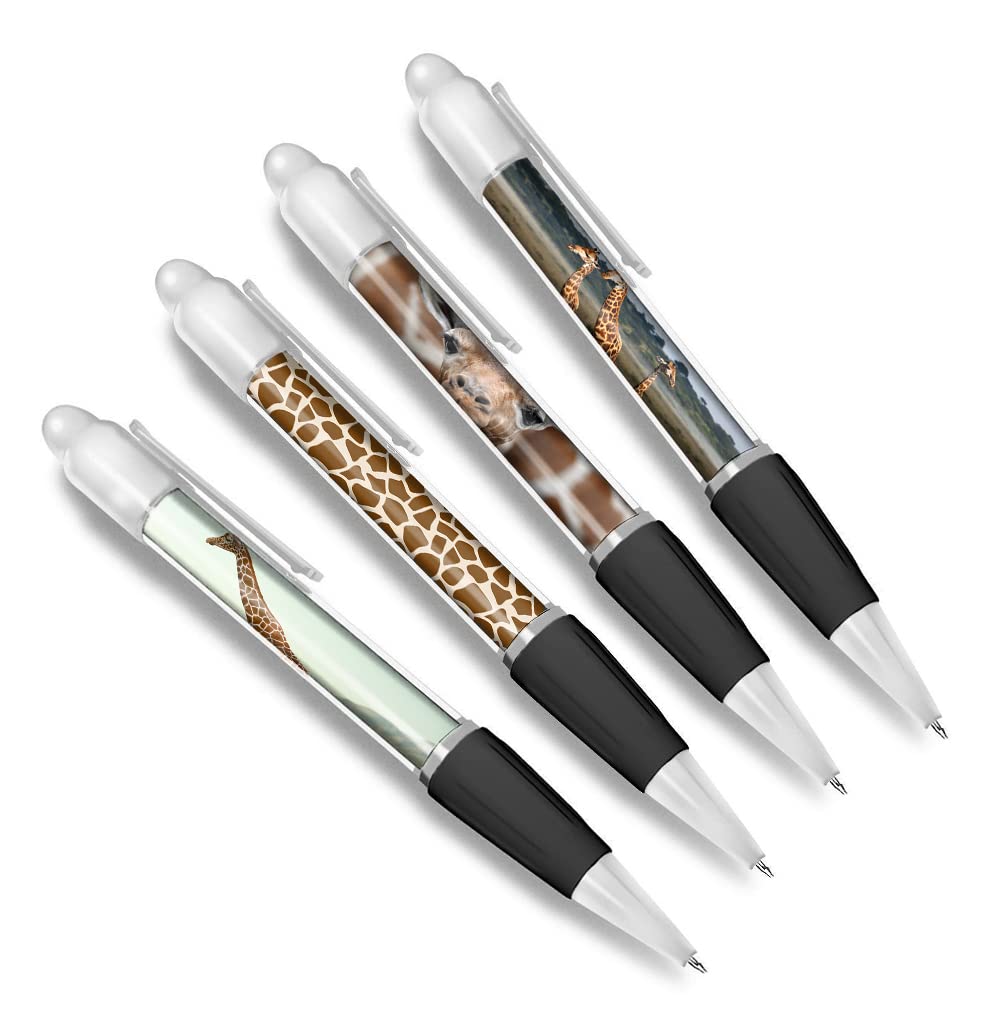 DV DESIGN Set of 4 Giraffe White Ballpoint Pens - Animals Safari Print Wild Nature Giraffes Themed Boys Girls Men Women Pen #79638