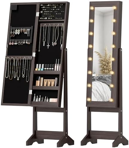 HOMCOM Freestanding Mirror Jewelry Cabinet with LED Lights, Jewellery Organiser with 3 Angle Adjustable, Full-Length Mirror with Storage for Earrings, Necklaces, Rings and Lipsticks, Dark Brown
