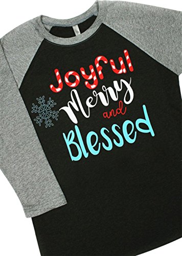 Joyful Merry Blessed Letter Printed Christmas T-shirt Women 3/4 Raglan Top size US 8-10/Tag Size L (Black)