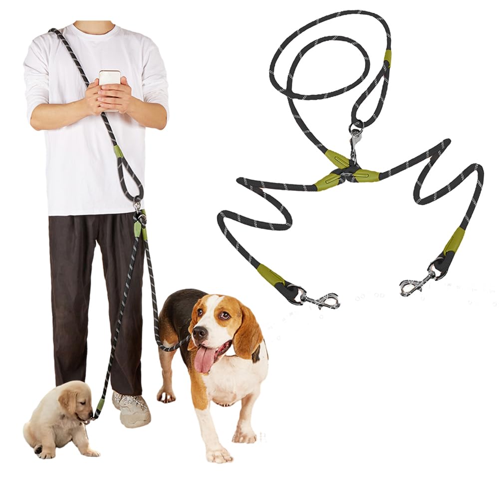 Hands Free Double Dog Leash, Crossbody Lead Rope for Running Walking Training, Nylon Reflective Heavy Duty Leash Belt for Large Medium Small Dogs (Black-2)