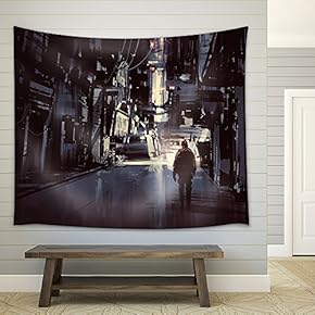 Illustration - Man Walking Alone in Dark City,Illustration Painting - Fabric Wall Tapestry Home Decor - 51x60 inches