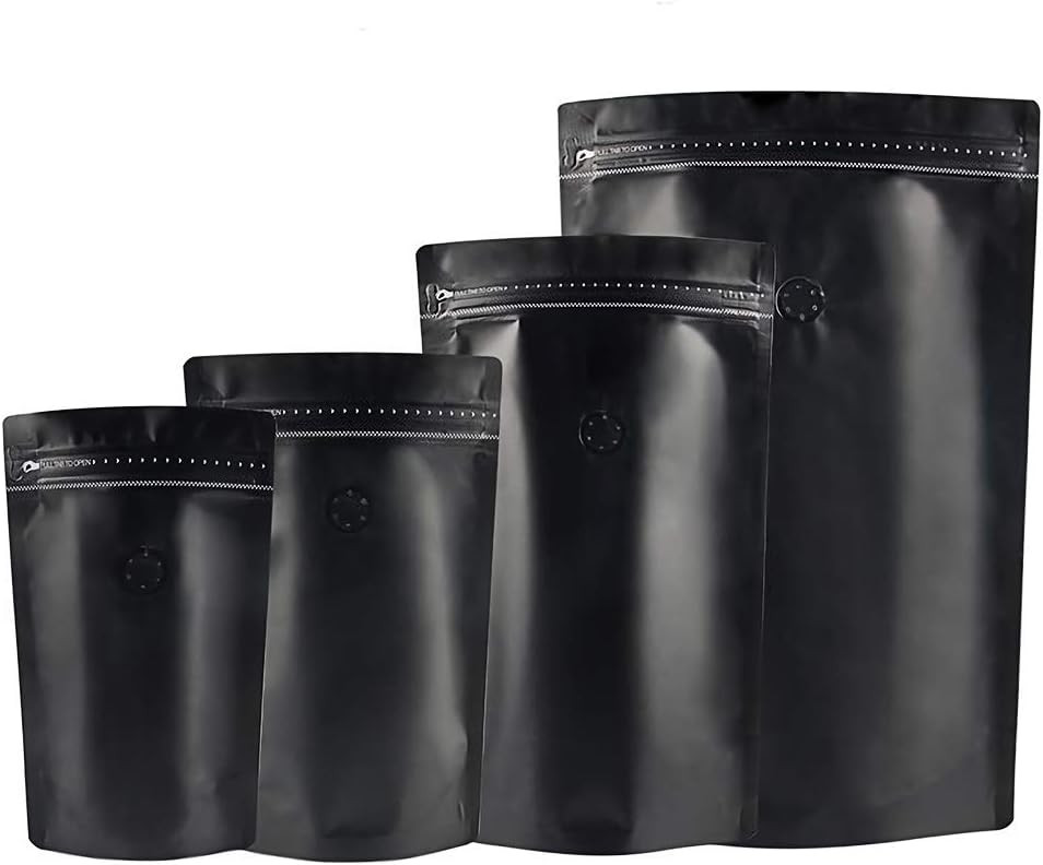 WISHDIAM Zipper Coffee Bag 25 PCS Double Sided Matte Black Aluminum Foil Mylar Stand up Valved Pouch 6.0x9.0" 0.5 lb