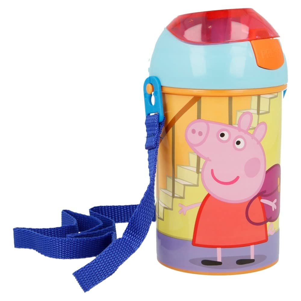 OM SUPPLIES Peppa, George Pop Up Water Bottle Drink Bottle Flask with Neck Cord for Easy Carry School Lunch Kids Childrens 450ml (Peppa)