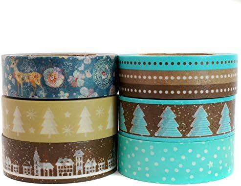Crafty Rabbit Washi Tape Set | Winter Collection | Blue Green Repositionable Decorative Washi Tape for Arts &amp; Crafts, Scrapbooking, Calendar, Organizer, Gift Wrap, Cards | Set of 6 Rolls