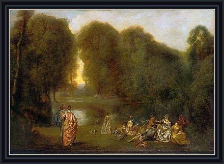 Watteau (Company in a Park, c.1716/17) Canvas Art Print Reproduction Framed with 2.6" wide Black Frame and Gold Edge (12.8x18.3 in) (33x47 cm)