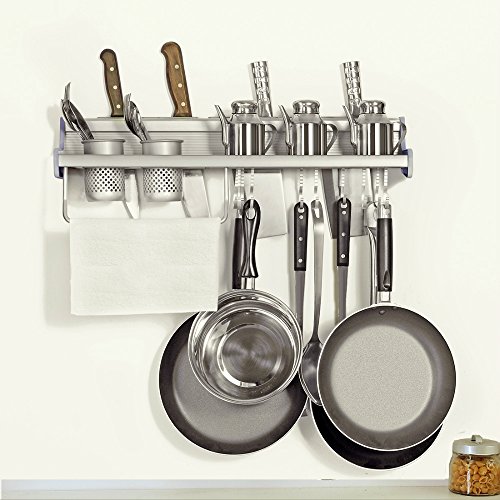 Kitchen Wall Pot Pan Rack, Plumeet 5 in 1 Wall Mounted Hanging Kitchen Organizer with 10 Pot Hook & 4 Knife Holder & 2 Utensil Cup & Spice Rack & Towel Rack, Aluminum (24 inch)