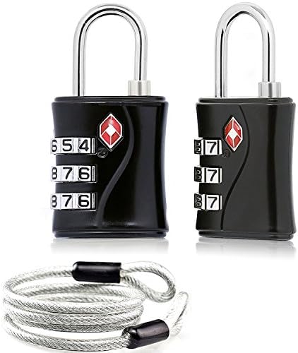 2 Pack TSA Approved Locks Travel Suitcase Combination Padlocks with 2 Pack Luggage Lock Cable