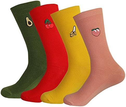 Women's Novelty Casual Colorful Embroidery Antimicrobial Cotton Fruits Crew Socks (4 Pack)