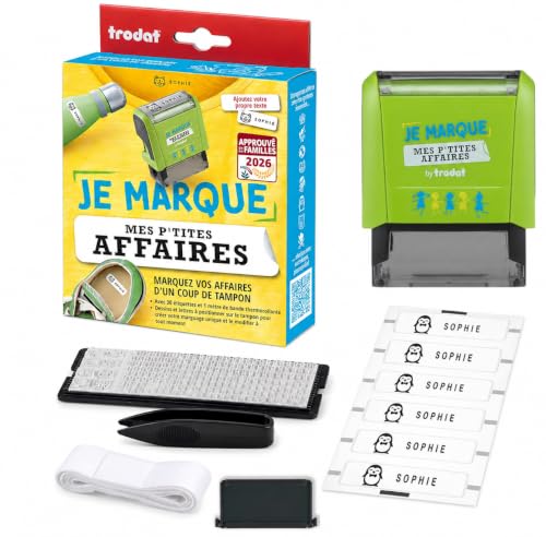 Trodat Je Marque mes Ptites Affaires Stamp - Mark Your Childrens Things with a Complete and Matching Set - Labels + Letters with Drawings - Ideal for Marking