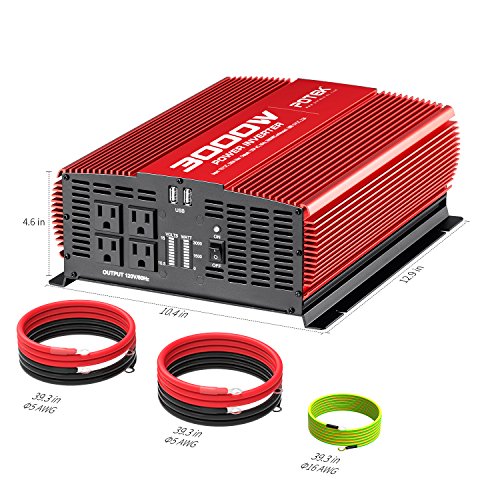 POTEK 3000W Power Inverter 12V DC to 110V AC Car Converter 4 AC Outlets with 2 USB Ports