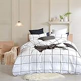 Wellboo White Grid Duvet Cover Cotton Plaid Checkered Bedding Cover Sets Queen Full Adult Women Men Quilt Covers Large Plaid Black and White Duvet Cover Geometric Modern Lines Soft Health No Insert
