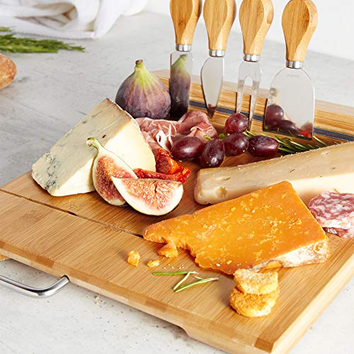 VonShef Bamboo Cheese Board Server Plate with Integrated Wire Cutter and 4 Piece Stainless Steel Cheese Knife Serving Utensil Set, wooden, with Gift Box