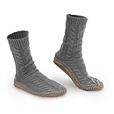 Pembrook Ladies Tall Cable Knit Slipper Socks – Memory Foam + Non-Skid Sole - Sizes S, M, L – Faux Suede Sole - Great Plush Slip On House Slippers For Adults, Women, Girls