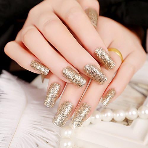New Arrival 24pcs Golden Glitter False Nails Long Style Square Head Pure Style Cover Nail Art Tips For Lady