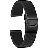 ULLCHRO Silicone Watch Strap Replacement Rubber Watch Band Waterproof Stripe Pattern - 14mm, 16mm, 18mm, 20mm, 22mm, 24mm Watch Bracelet with Stainless Steel Deployment Black Buckle